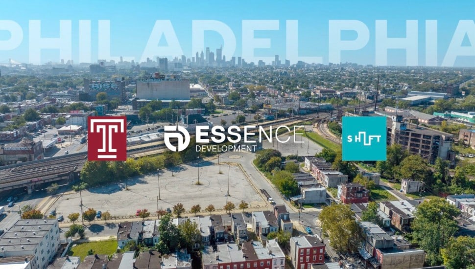 Overhead view of North Station project site, with logos for Temple University, Shift Capital, and Essence Development.