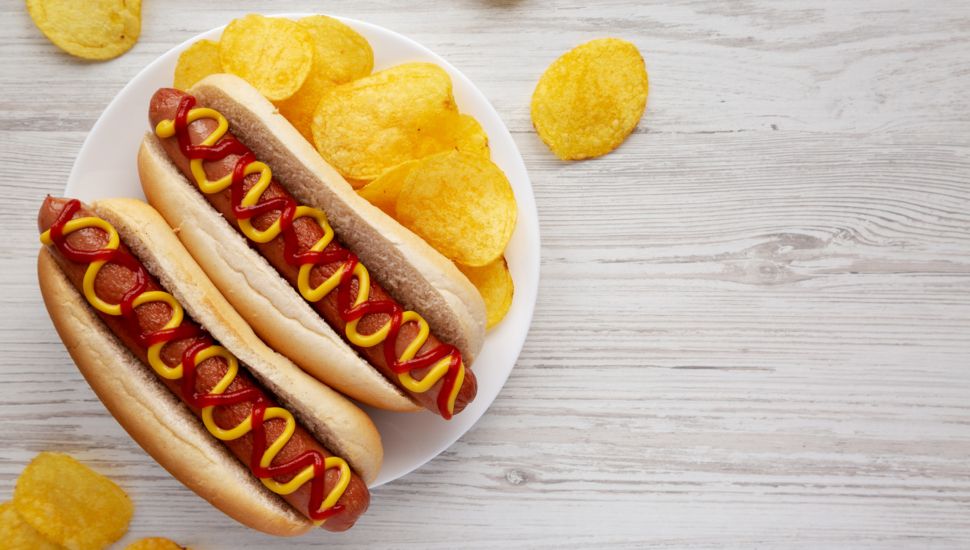 Tow hot dogs with a side of chips.