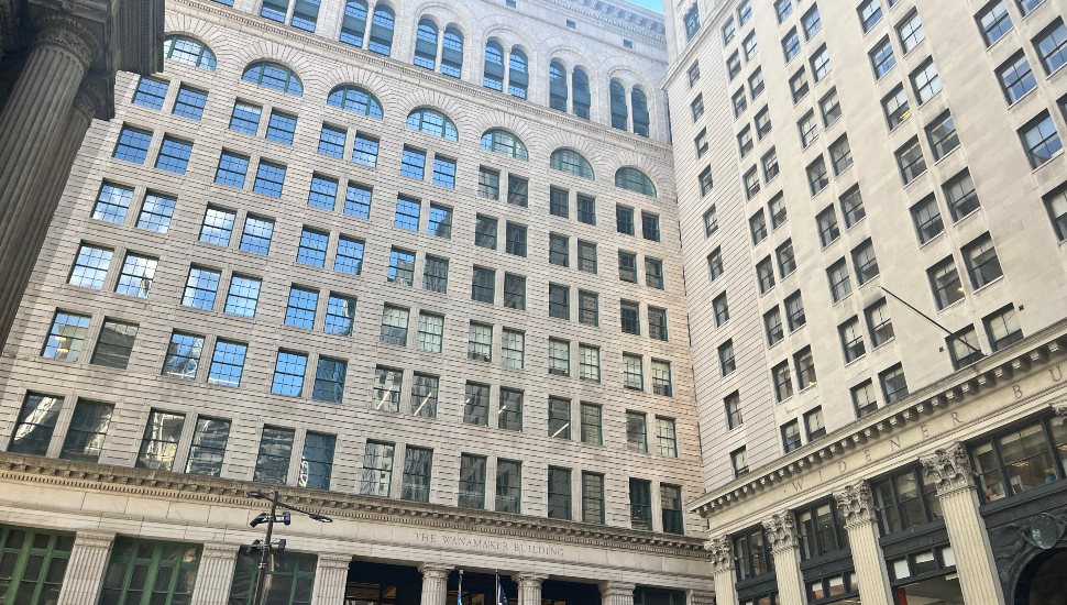 Closeup of the Wanamaker Building exterior.