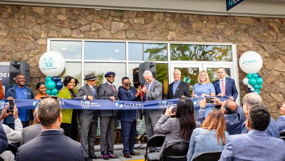Bank branch ribbon-cutting.