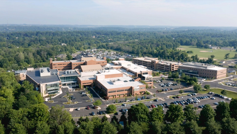 An aerial view of the exterior of Doylestown Hospital.