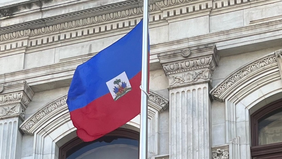 The Haitian flag flying in front of Philadelphia City Hall.
