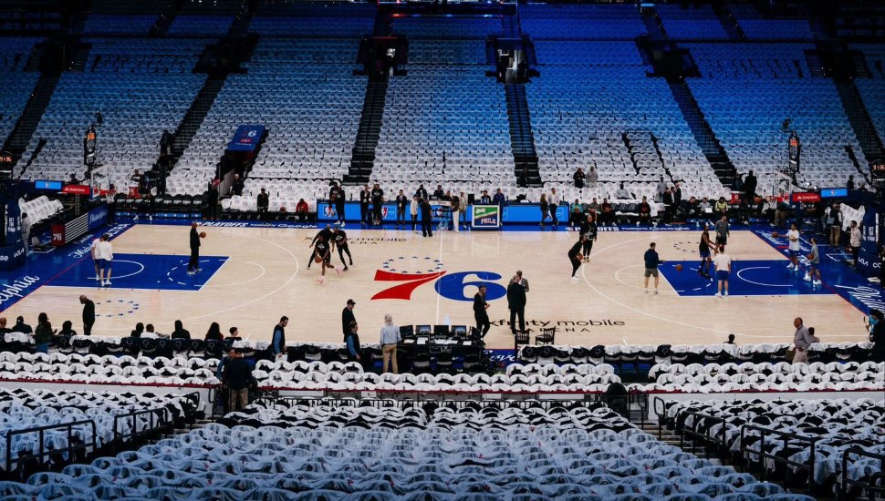 Inside Xfinity Mobile Arena before Sixers playoff game.