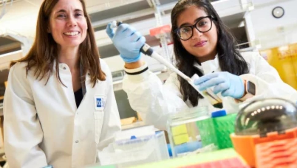 Great photo! Here are my suggestions: ALT Text: Dr. Katherine Aird and researcher Apoorva Uboveja working in the Aird Lab at The Wistar Institute.