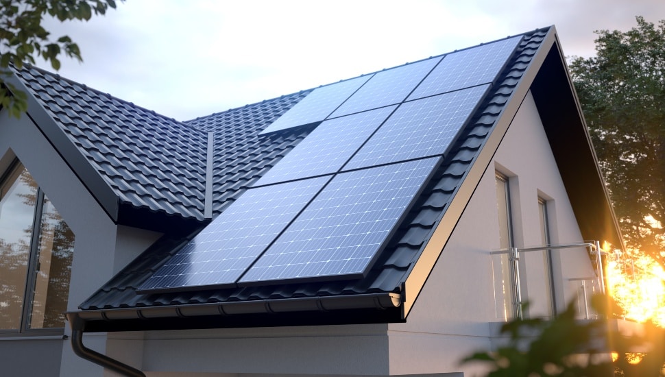 Rooftop solar panels on a residential home at sunset, representing Philadelphia's clean energy investment initiative.