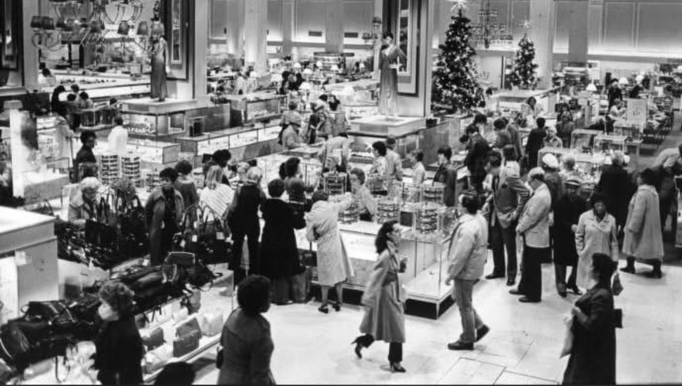Shoppers browse the crowded interior of Strawbridge's department store in Philadelphia during the Christmas season in 1979.
