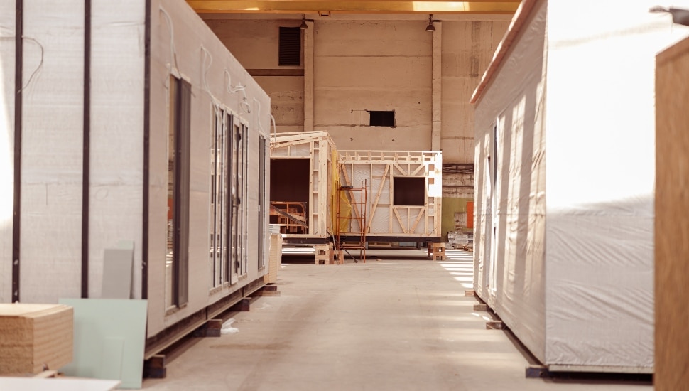 Building with concrete floor, construction materials and two mobile cabins with panel siding and glass doors.